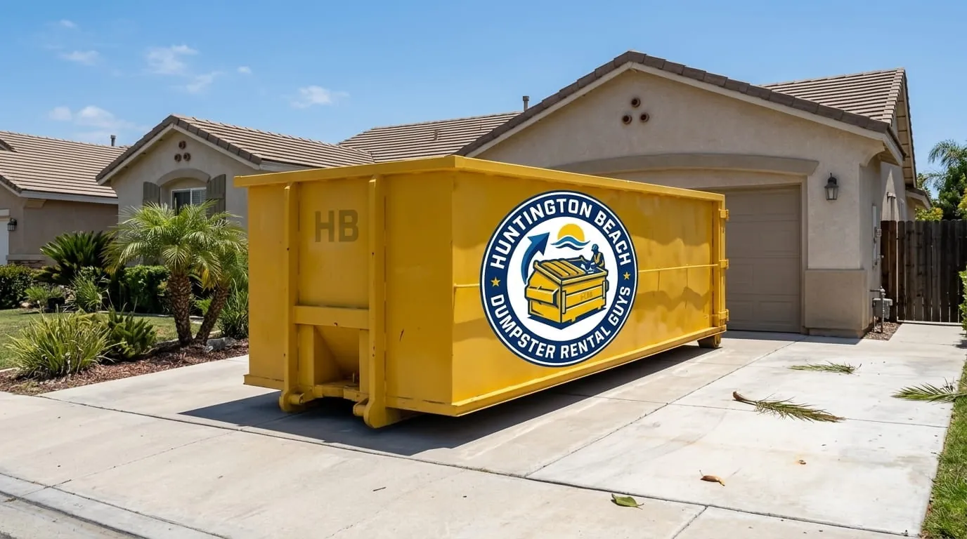 Roofing dumpster rental in Huntington Beach, CA Roll-off dumpster on a driveway ready for a roofing tear-off in Huntington Beach, CA