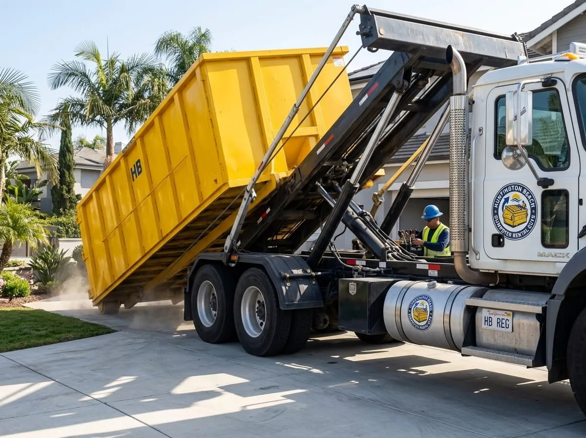 Roll-off construction dumpster being loaded onto a Huntington Beach Dumpster Rental Guys truck